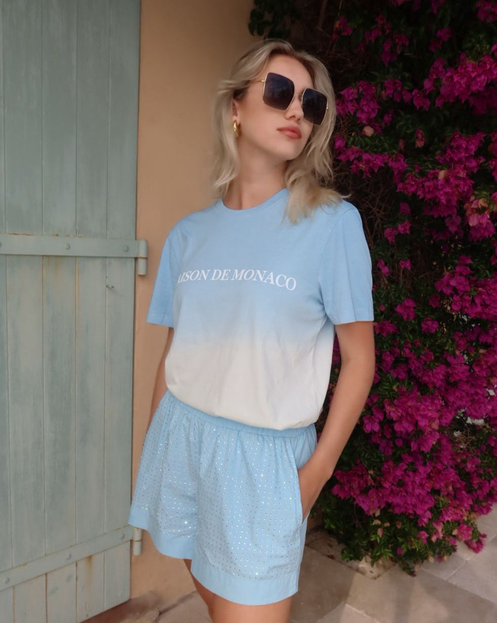 Le t-shirt dégradé de couleur bleu-blanc